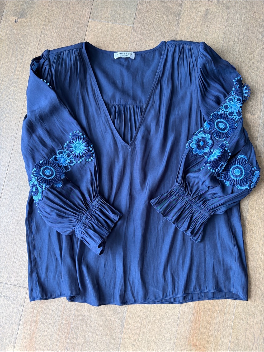 Ramy Brooke Slate Blue V-Neck Blouse with Sky-Blue Floral Embroidery